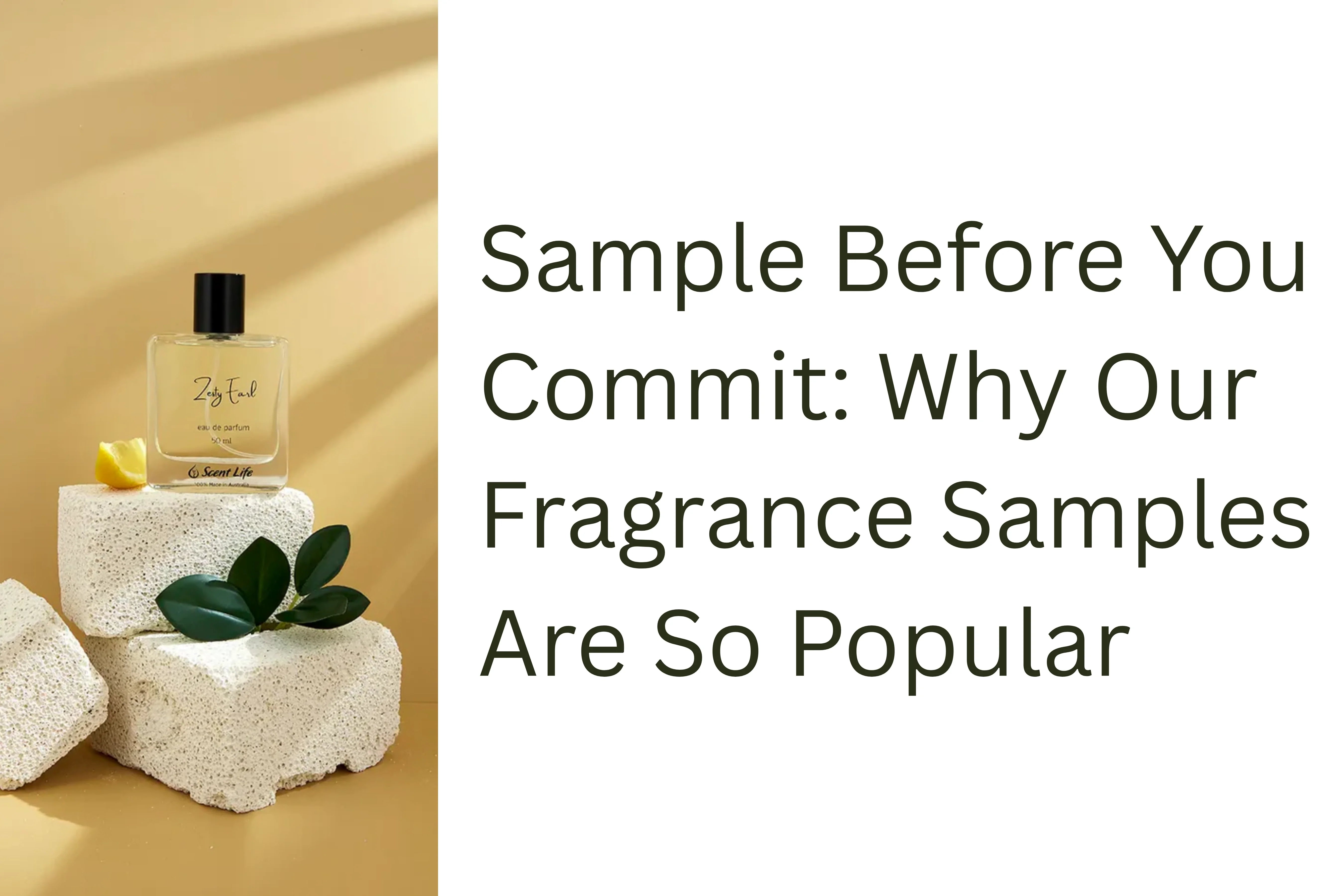 Sample Before You Commit hero image featuring Zesty Earl in a clear bottle.