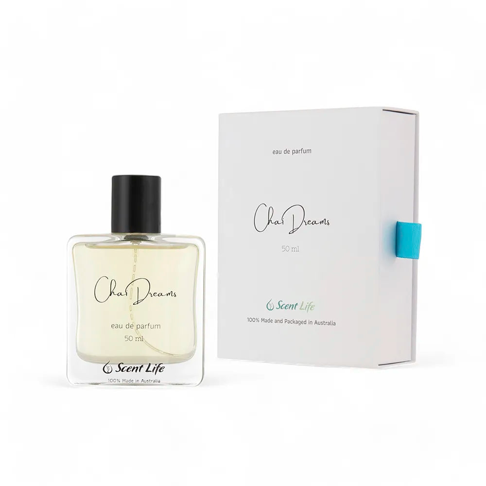 A bottle of Scent Life's Chai Dreams eau de parfum with its corresponding packaging. The 50 ml bottle showcases a minimalist design, infused with notes of cinnamon spice. The packaging highlights its creation and packaging in Australia by Scent Life.