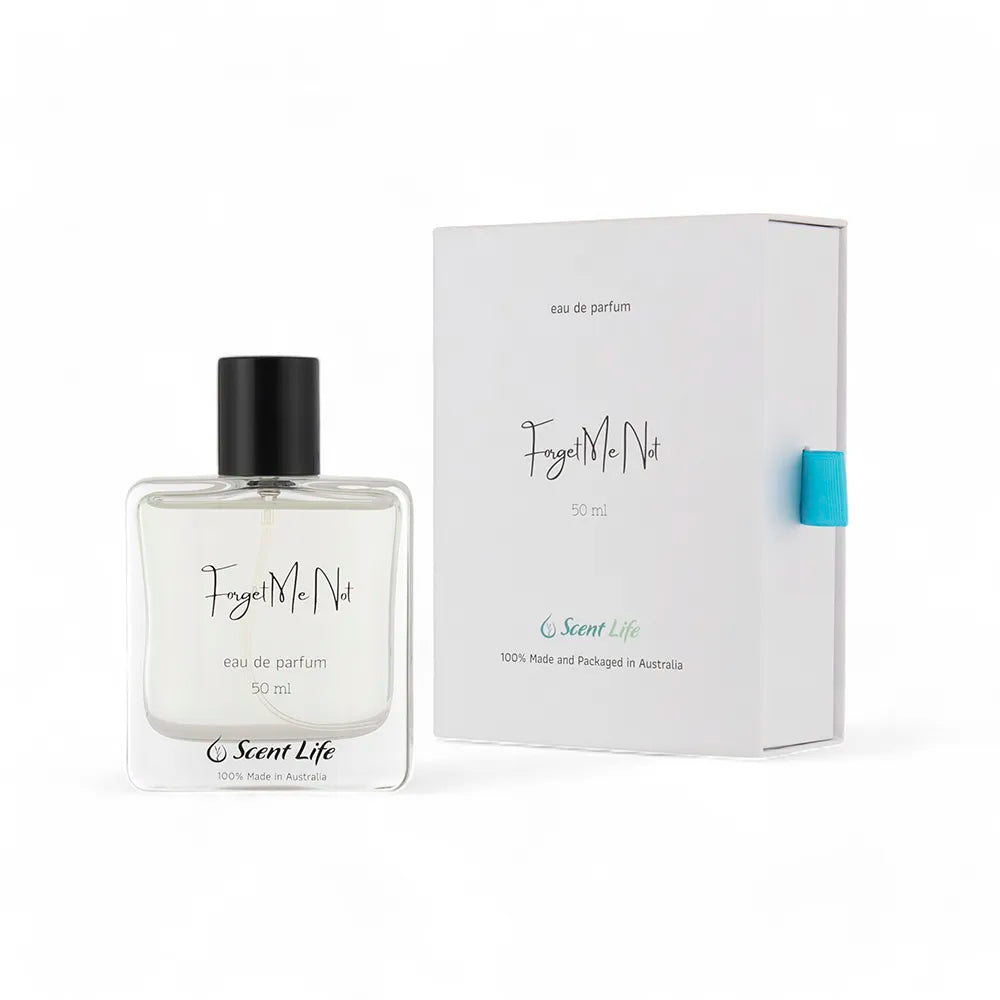 A 50 ml bottle of Forget Me Not Eau de Parfum by Scent Life is showcased elegantly next to its matching box, emphasizing its Australian origin and featuring a refreshing hint of bergamot.