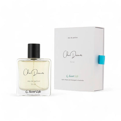 A bottle of Scent Life's Chai Dreams eau de parfum with its corresponding packaging. The 50 ml bottle showcases a minimalist design, infused with notes of cinnamon spice. The packaging highlights its creation and packaging in Australia by Scent Life.